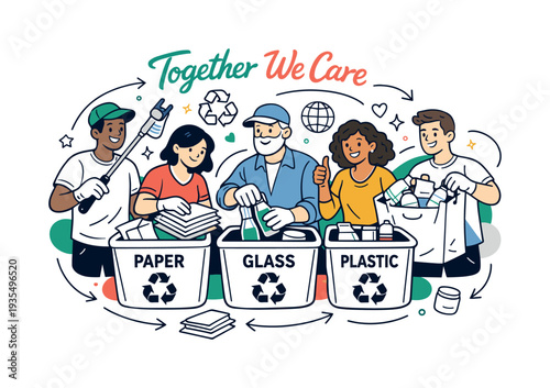 Community Environmental Action. A diverse group sorting plastic, paper, and glass into clearly labeled bins,