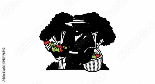 Farmer in hat harvesting red and green apples into basket