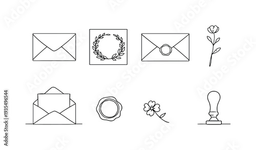 Mail and communication outline icon collection with envelope, letter and floral accents