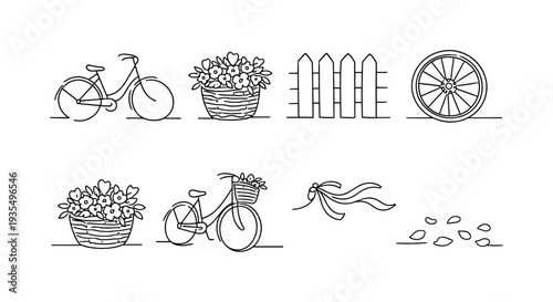 Rural bicycle and garden decorative border set with flowers, wheelbarrow and countryside themed accents