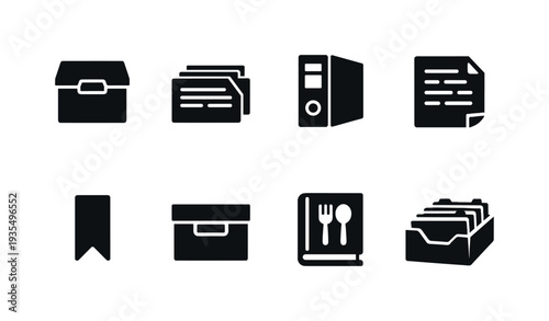 Office and business silhouette icon collection featuring laptop, calendar and desk elements