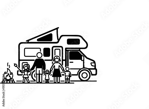 Family camping trip with RV, campfire, and marshmallows