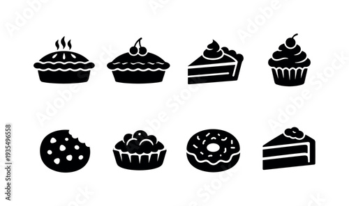 Classic Desserts. Filled icon set of Classic Desserts: apple pie, cherry pie, pie slice, cupcake, cake slice,