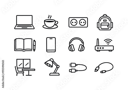 Comprehensive technology and office outline icon set featuring computer, headphones and digital device symbols