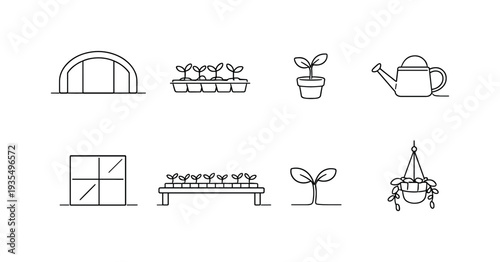 "Greenhouse Interior with Seedlings". Minimalistic set one-line drawing arched greenhouse frame, row of