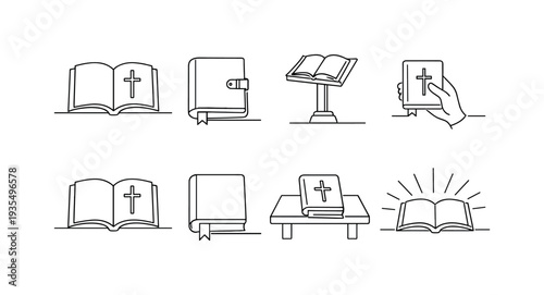 "Gospel Book". Minimalistic set one-line drawing open Gospel book with cross, closed Bible with clasp, book on