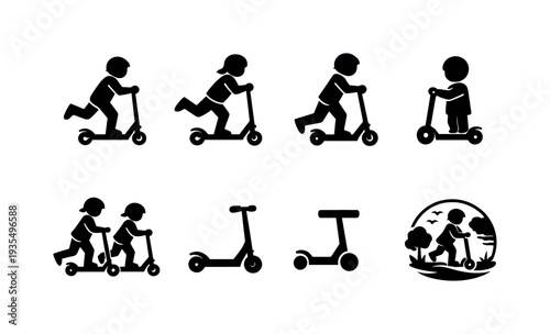 Children riding scooters silhouette icon set showing playful outdoor movement and urban activity scenes