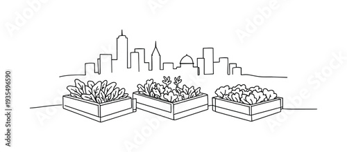 "Urban Community Garden". Minimalistic one-line drawing raised garden boxes with leafy vegetables and subtle