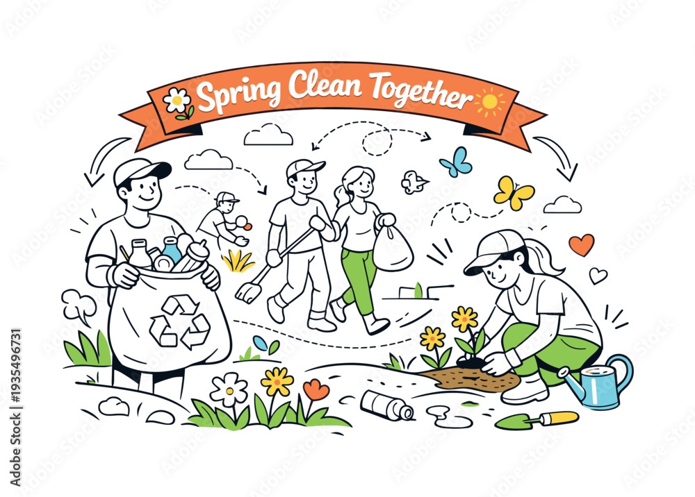 Obraz premium Spring garden illustration with blooming flowers and eco friendly lifestyle concept