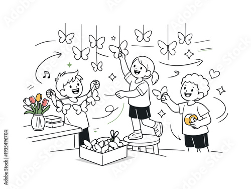 Bright Seasonal Classroom Update. A minimalist classroom with paper butterflies hanging from the ceiling, a