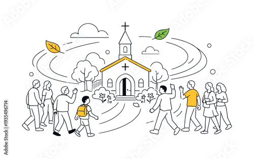 Community gathering scene. A small church building surrounded by minimal trees and flowers, people approaching