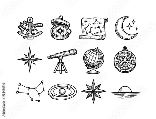 Celestial and astrology decorative icon set including moon phases and zodiac themed elements