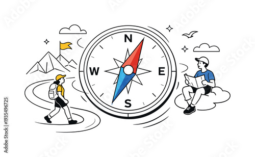 Compass and adventure themed illustration with traveler exploring mountainous landscape and navigation elements