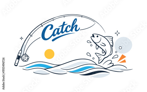 Catching a fish moment. A bent fishing rod with line pulled tight, minimal fish silhouette jumping above