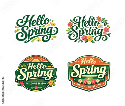 Hello Spring. Set lettering. 4 harmonious lettering variations of the same emblematic concept, each with