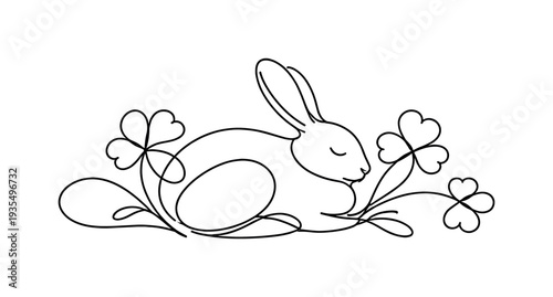 "Forest Rabbit Resting". Minimalistic one-line drawing bunny in side profile nestled within flowing clover