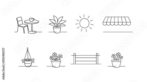 Outdoor countryside outline icon collection including sun, tree and rural elements