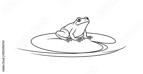 "Pond Frog Resting". Minimalistic one-line drawing frog perched at the center of a lily pad with curved water