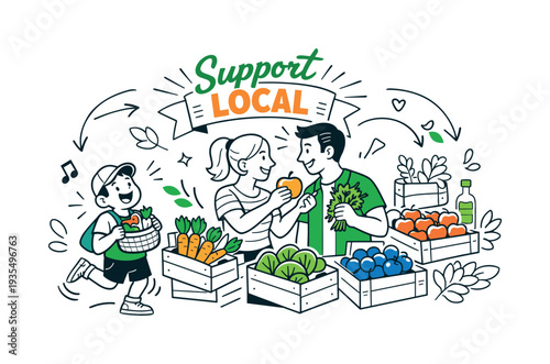 Vibrant Farmers Market Day. Farmers Market Day. Rows of crates filled with fruits and herbs, a couple