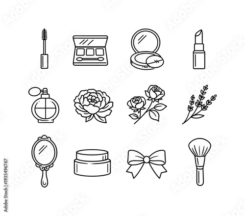 Mixed lifestyle outline icon set including perfume, jewelry, gift and decorative personal accessories