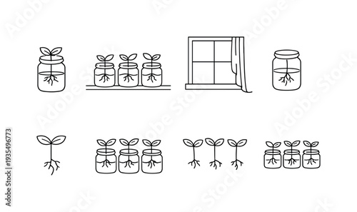 "Window Ledge with Seedlings in Recycled Jars". Minimalistic set one-line drawing glass jar with sprout, row