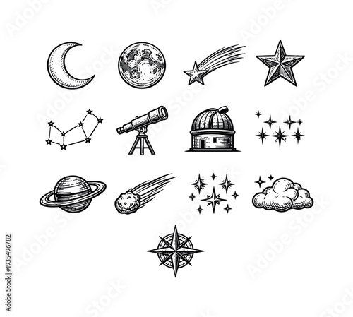 Celestial and astrology outline icon collection featuring moon, stars and mystical symbols
