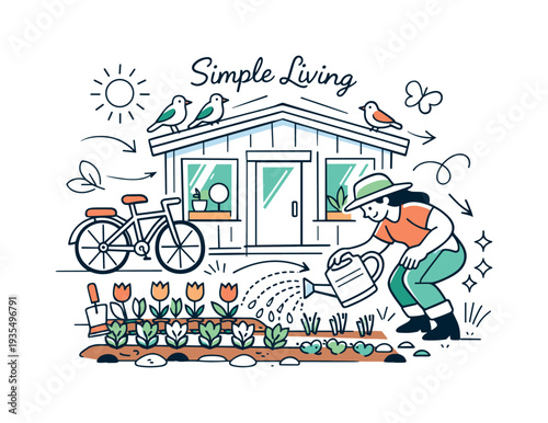 Simple living cottage scene with bicycle, flowers and person enjoying calm sustainable countryside lifestyle
