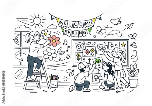 LSpring Classroom Decoration. A bright classroom with a teacher hanging paper flowers on the wall while
