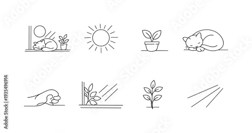 "Cozy Cat in Warm Sunlight". Minimalistic set one-line drawing sleeping cat curled tight, bright sun circle,