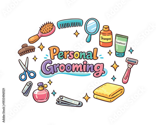 Personal Grooming Essentials. Personal Grooming. Hand drawn illustration of Personal Grooming. hairbrush, comb