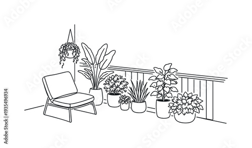 Cozy balcony or terrace scene with armchair, potted plants and relaxing outdoor home decor illustration