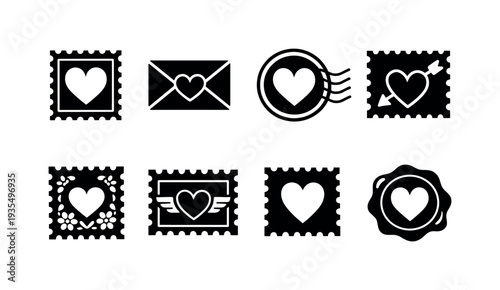 Love stamp postal outline. Filled icon set of Love stamp postal outline: heart postage stamp, envelope with