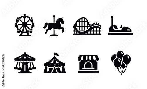 Fairground Icon Set. Fairground Attractions. Filled icon set of Fairground Attractions: ferris wheel, carousel