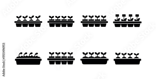 Seedlings tray outline. Filled icon set of Seedlings tray outline: seed starter tray with sprouts, rectangular