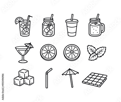 summer drinks outline set. Line outline icon set of summer drinks outline set: lemonade glass, iced tea, soda