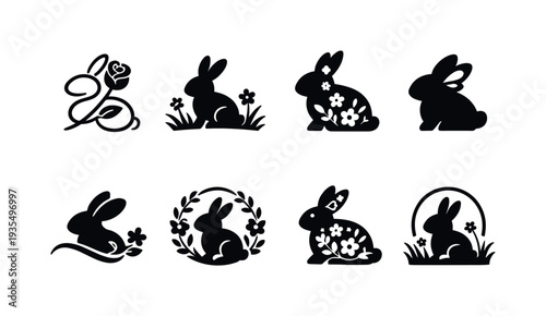 Rabbit silhouette icon set featuring multiple playful bunny shapes