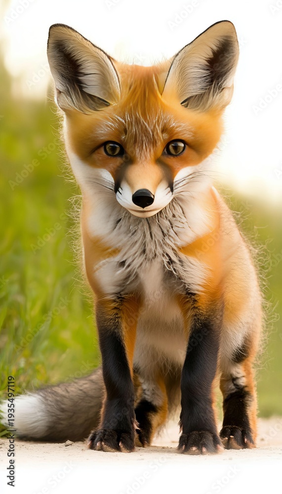 Obraz premium Charming Red Fox Cub Posing Gracefully Among Lush Greenery, Captivating Wildlife Portraiture