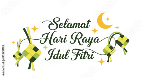 An inviting flat design illustration showcases "Selamat Hari Raya Idul Fitri" typography alongside stylized ketupat and lantern, embodying the cultural essence of the celebration. 