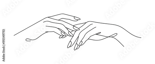 "Manicure Hands". Minimalistic one-line drawing elegant female hands gently touching with refined finger