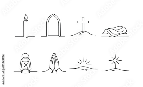 Comprehensive religious outline icon collection including church buildings, cross, praying hands and sacred architecture elements