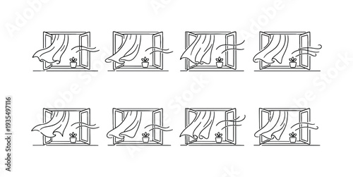 "Airy Curtain by Open Window". Minimalistic set one-line drawing casement window open outward, sheer curtain