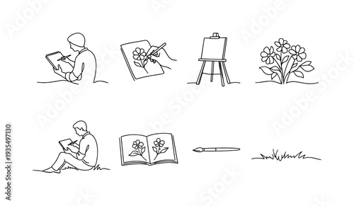 Floral Sketch Outdoors. "Painter Sketching Flowers Outdoors". Minimalistic set one-line drawing artist holding