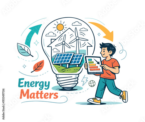 Energy matters sustainability concept illustration with globe, renewable energy sources and modern eco conscious lifestyle