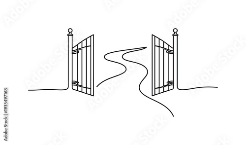 Open gates with winding road leading forward, opportunity and new beginning concept vector illustration.