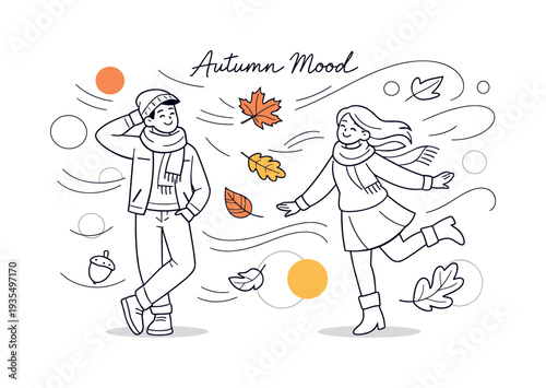 Happy friends walking together in windy autumn park with flying leaves, cozy seasonal lifestyle illustration.