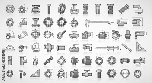 Collection of Industrial Mechanical Engineering Tools and Parts.