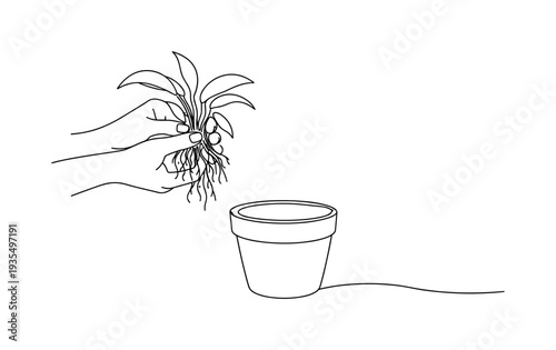Hands holding small plant over pot symbolizing care, growth and environmental sustainability concept illustration