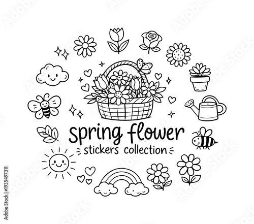 Decorative spring flower wreath with cute seasonal blossoms and hand drawn botanical elements arranged in circular composition