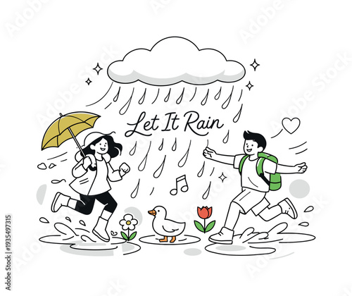 Spring shower moment. A soft rounded rain cloud floating above, gentle raindrops falling in smooth curved