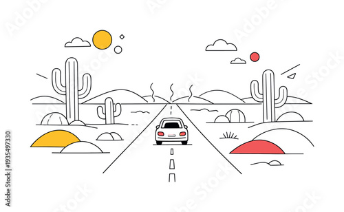 Desert road journey. A simple car driving through stylized cactus shapes and rounded dunes, heat wave lines